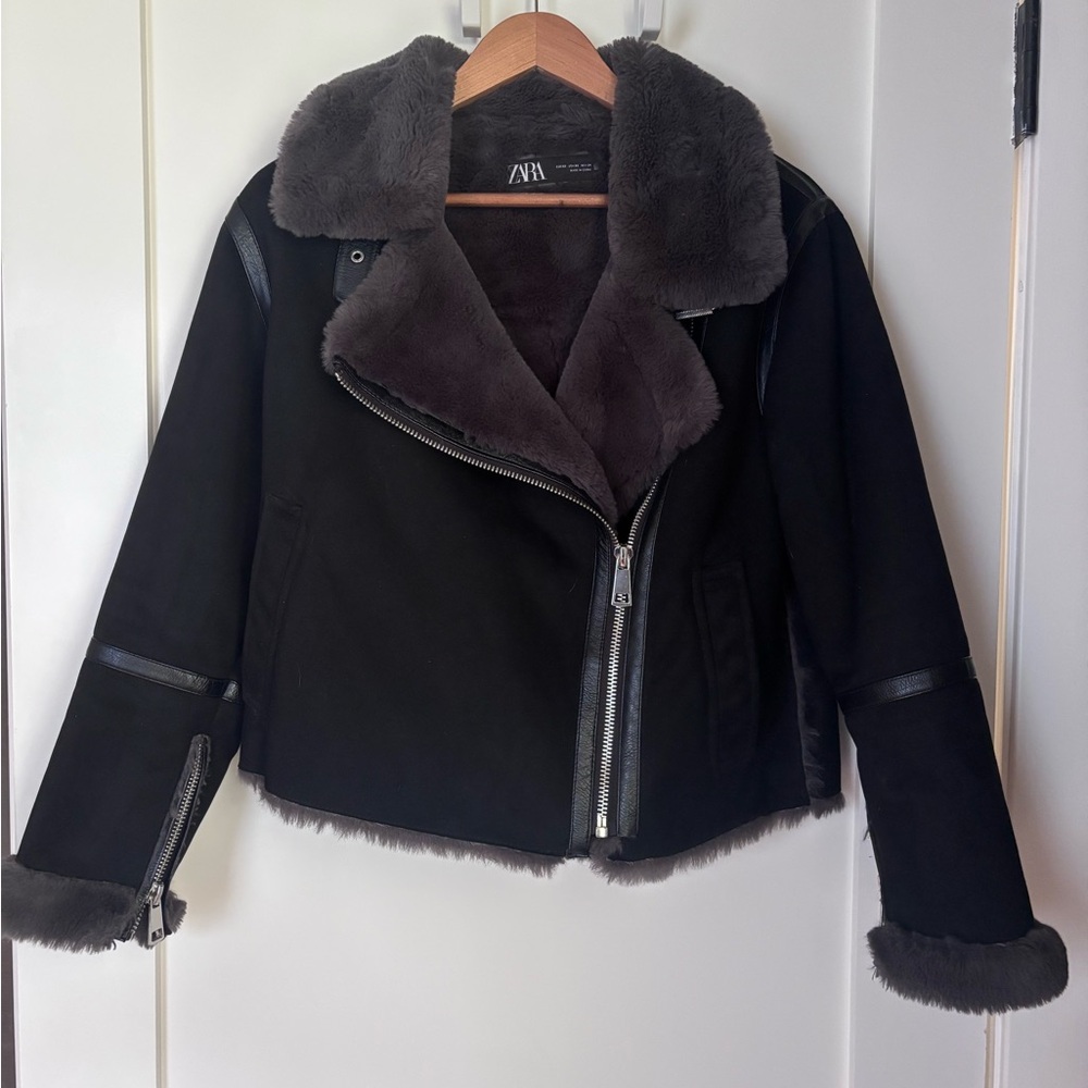 Zara Black Jacket with Dark Gray Faux Shearling Trim